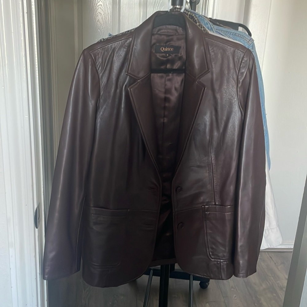 Quince 100% Leather Blazer Jacket Brown Sheep Leather Button Front Size S